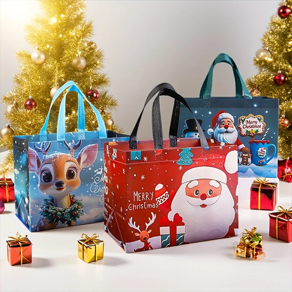 A set of reusable non-woven Christmas gift bags in blue, red, and green with festive designs and handles.