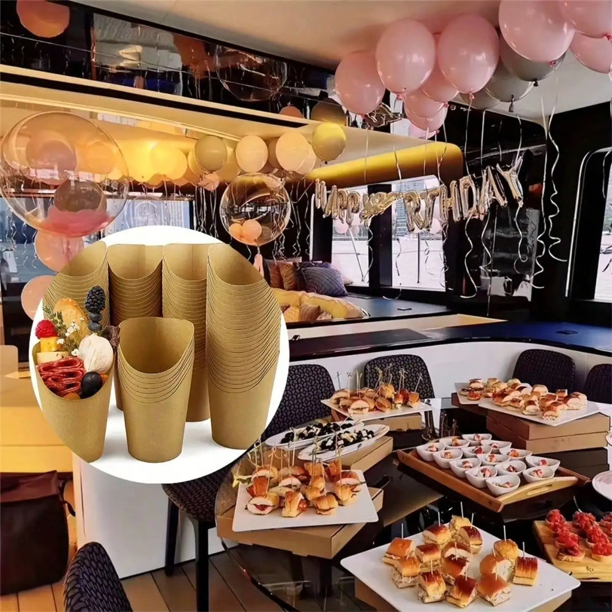 A collection of disposable kraft paper serving cups in various sizes and shades displayed on a table.