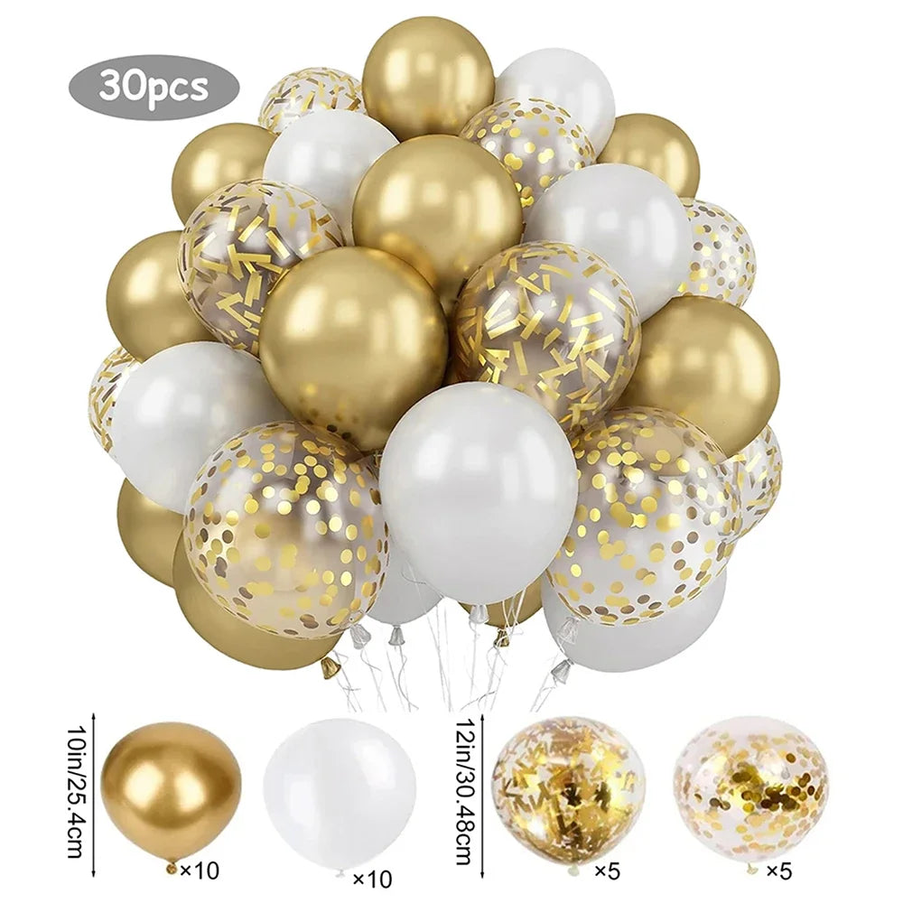 A collection of 30 pearl and gold confetti balloons in various sizes and colors.