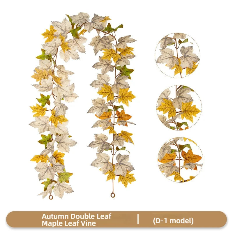 Artificial double maple leaf vine garland in shades of yellow and gray for autumn home decor