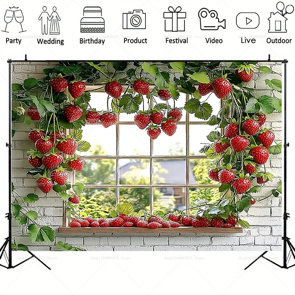 Fotobegrund mit Fenster, geschmückt mit üppigen grünen Ranken und reifen roten Erdbeeren für Veranstaltungen