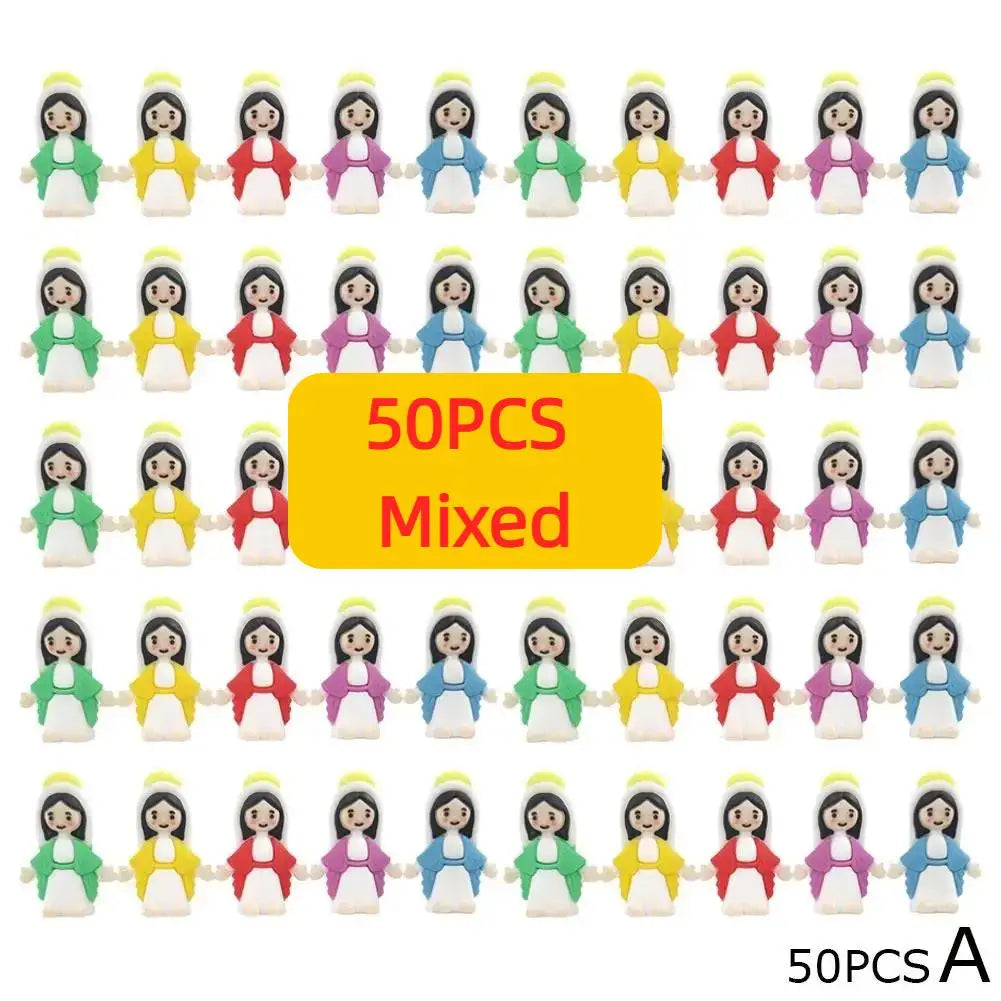 A set of 50 mini Maria religious desktop figurine ornaments in various colors.
