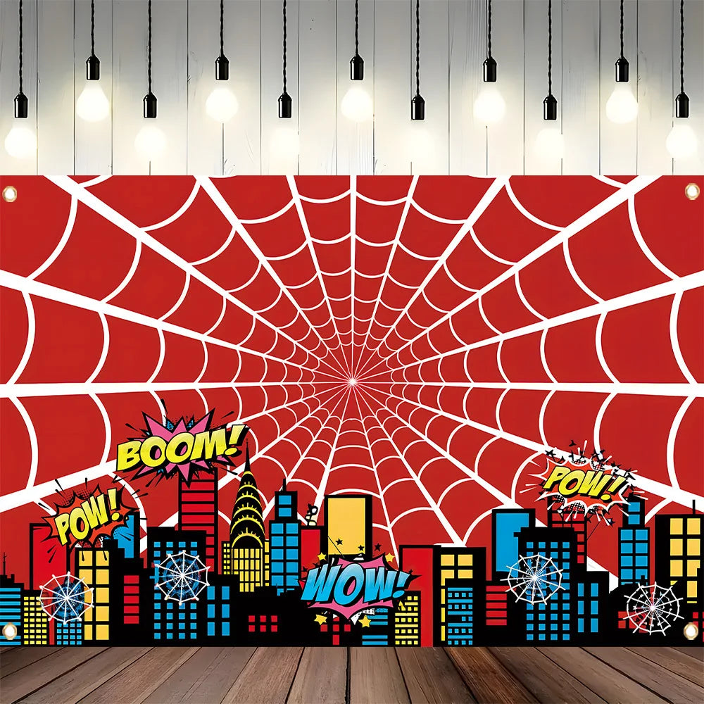 A vibrant red spiderweb design with a city skyline silhouette in black and yellow against a white background.