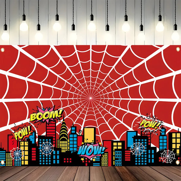 A vibrant red spiderweb design with a city skyline silhouette in black and yellow against a white background.