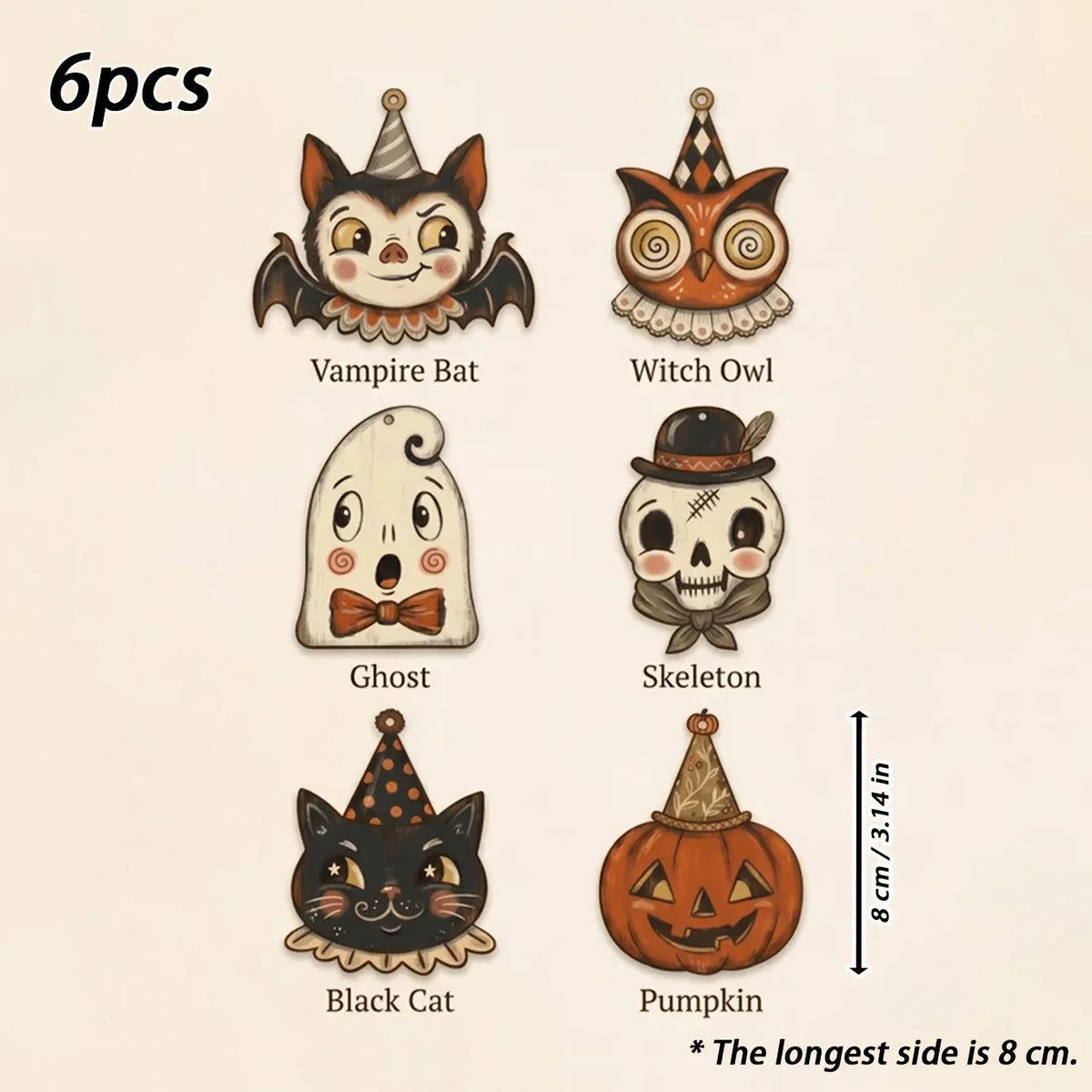 A set of six vintage wooden Halloween hanging ornaments featuring a vampire bat, witch owl, ghost, skeleton, black cat, and p