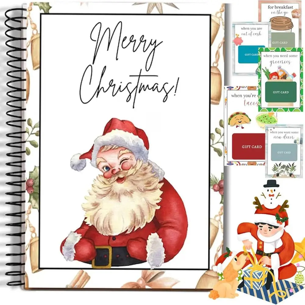A festive spiral-bound book featuring a Christmas greeting card design with Santa Claus.