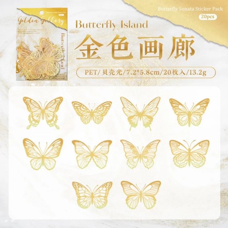 A pack of 20 gold-colored butterfly stickers for journaling and crafts.