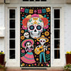 A door cover featuring a sugar skull design with colorful papel picado decorations.