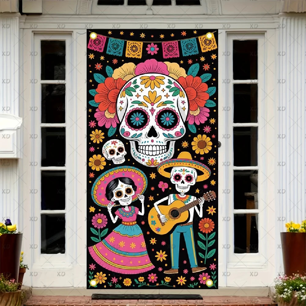 A door cover featuring a sugar skull design with colorful papel picado decorations.