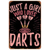 Vintage pink and black sign with the text Just a girl who loves darts