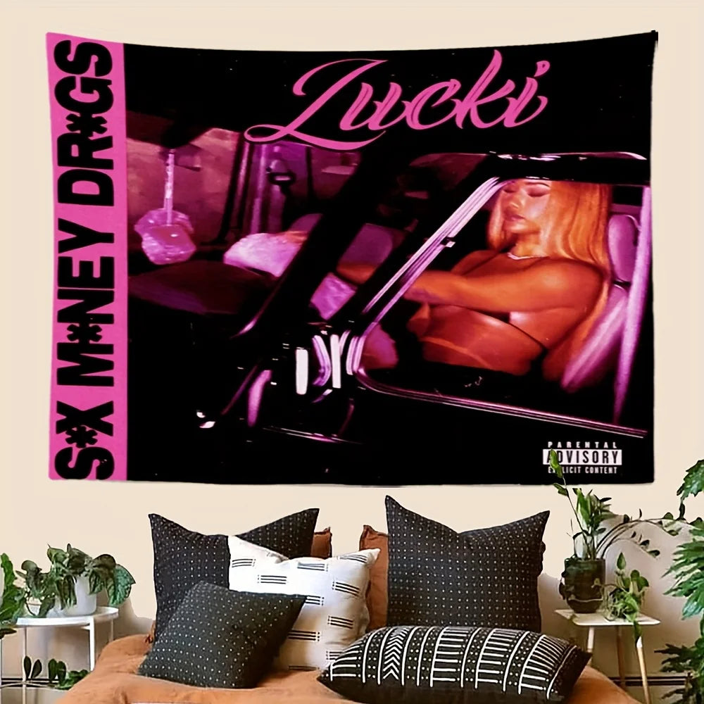 A black tapestry featuring a glamorous woman in a car, with pink and purple accents.