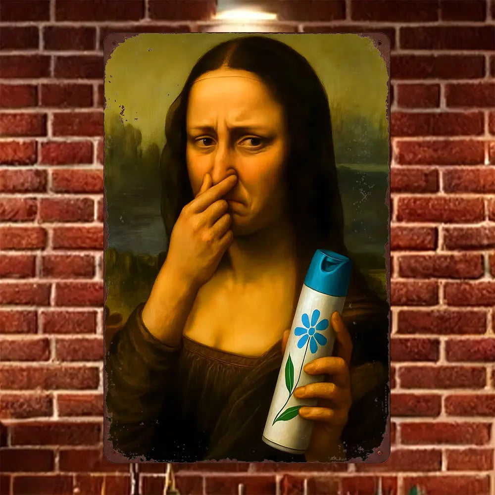 A painting of a woman with dark hair touching her nose, holding a blue tin can.
