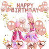 A set of rose gold and pink balloons and confetti celebrating a happy birthday