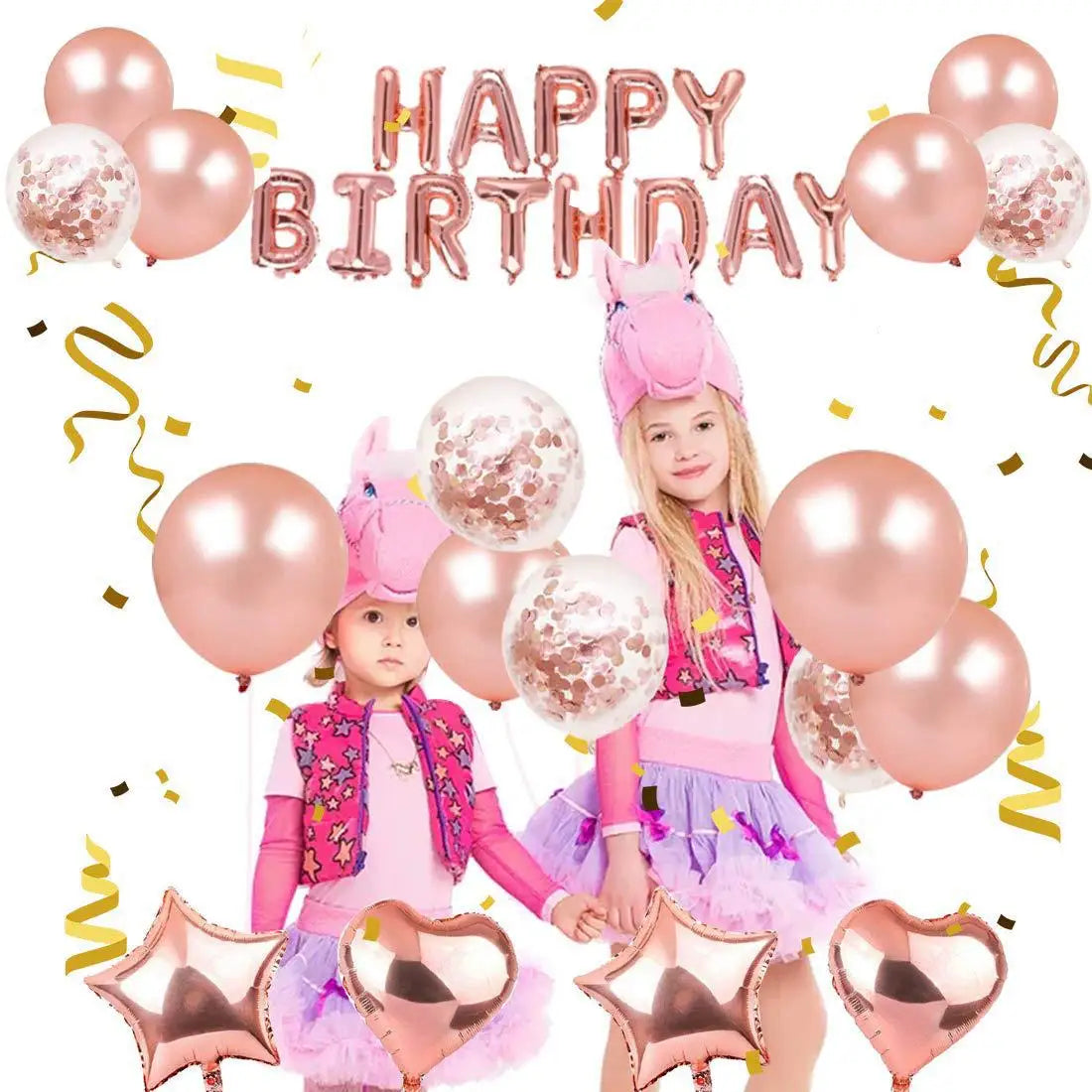 A set of rose gold and pink balloons and confetti celebrating a happy birthday