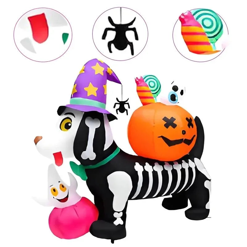Halloween inflatable skeleton dog with a pumpkin face and LED lights