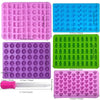 A silicone candy mold kit with droppers shown in various colors and sizes for DIY chocolates and jellies.
