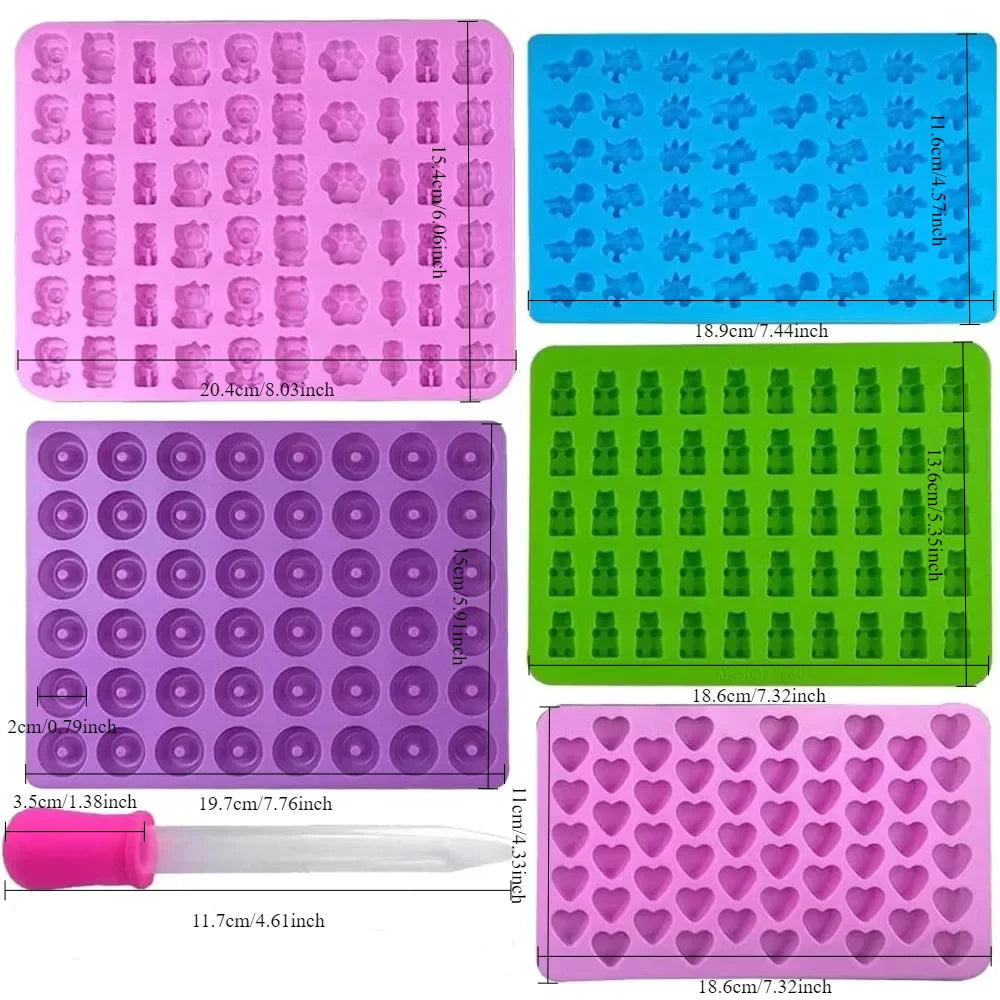 A silicone candy mold kit with droppers shown in various colors and sizes for DIY chocolates and jellies.