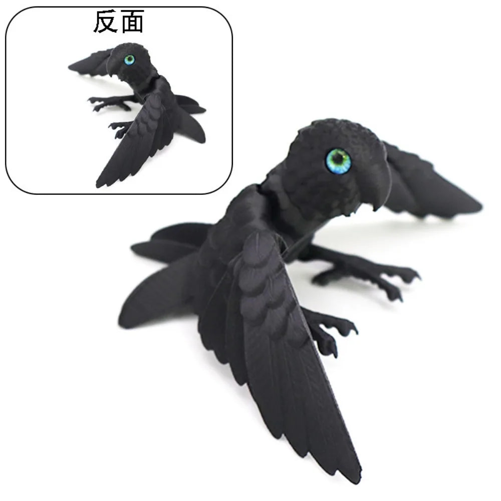 Black articulated 3D printed parrot figurine with movable wings shown from the back and side view.
