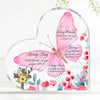 Pink butterfly design on a heart-shaped acrylic desk decor featuring inspirational Bible verses