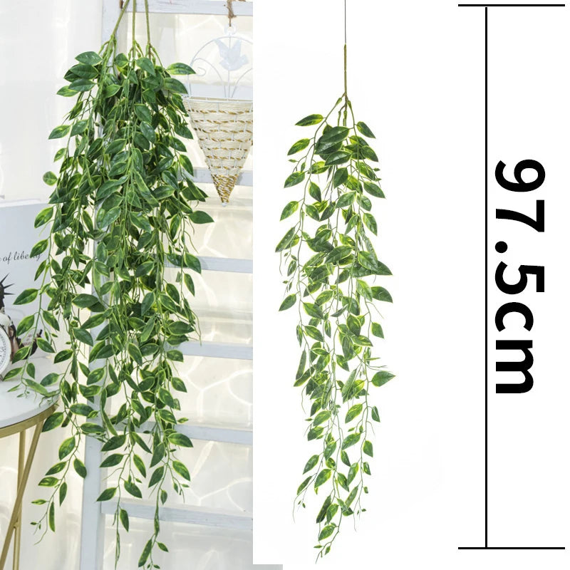 Long, cascading artificial green plant vines hanging for wall decoration