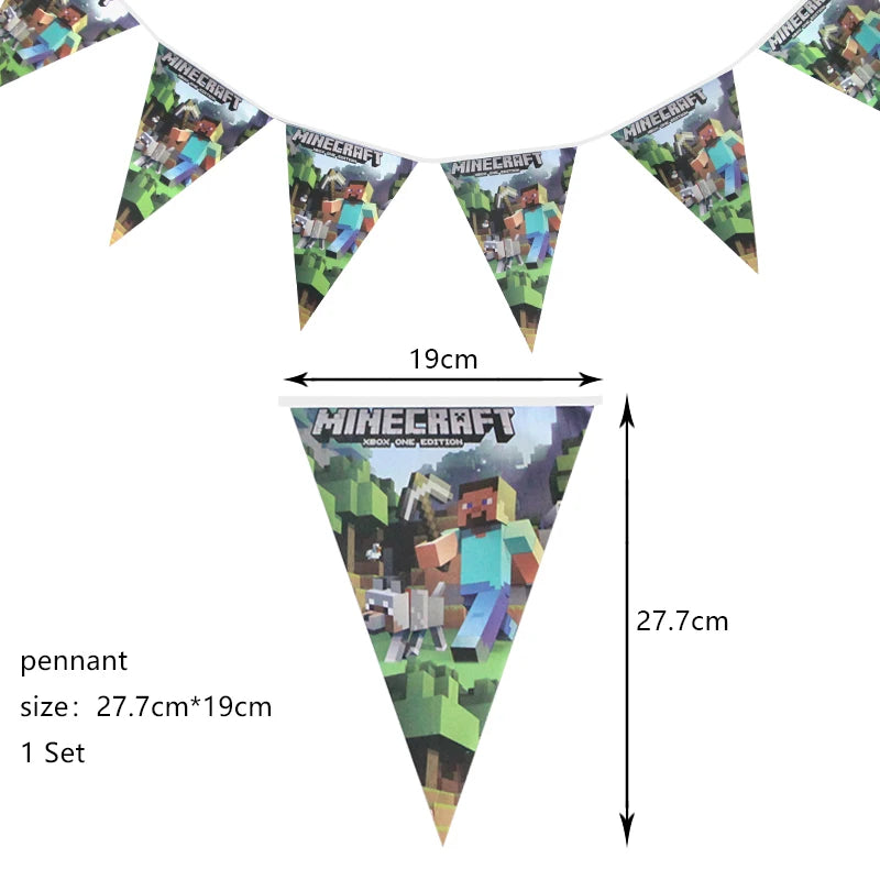 A set of Minecraft themed pennant banners for a birthday party decoration kit