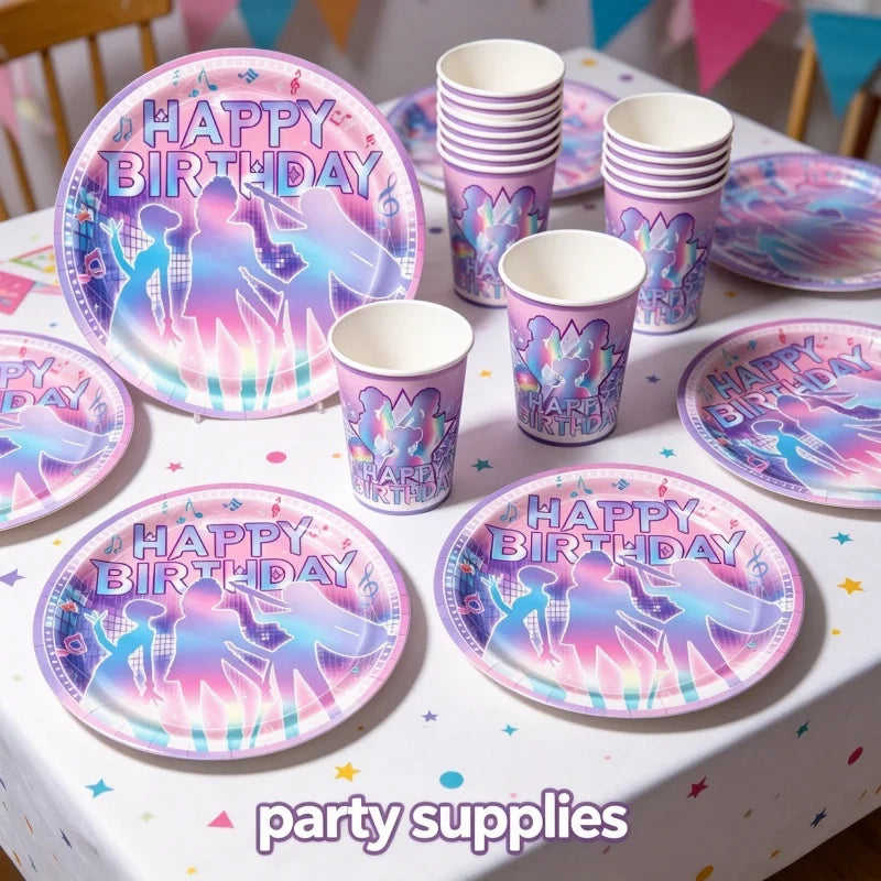 A table set featuring pink and purple plates and cups with K-Pop themed silhouettes for a birthday party.