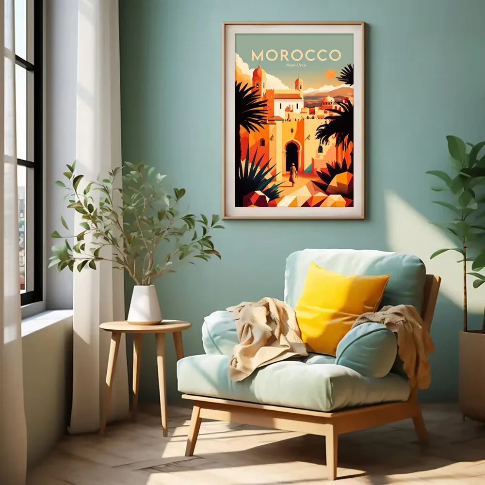 A framed painting of Moroccan architecture and palm trees hangs on a light green wall next to a comfortable armchair.