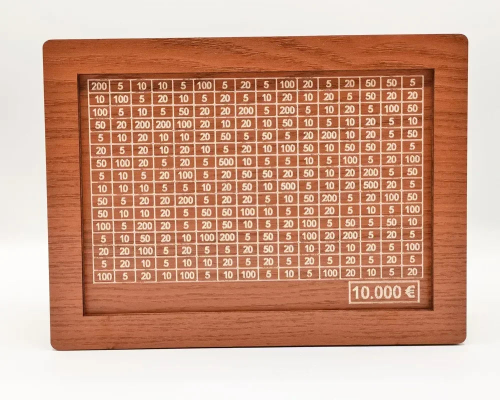 A wooden money saving box with a grid tracker showing various amounts of currency.