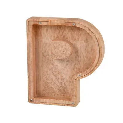 Wooden alphabet letter P piggy bank coin box for kids made of light wood