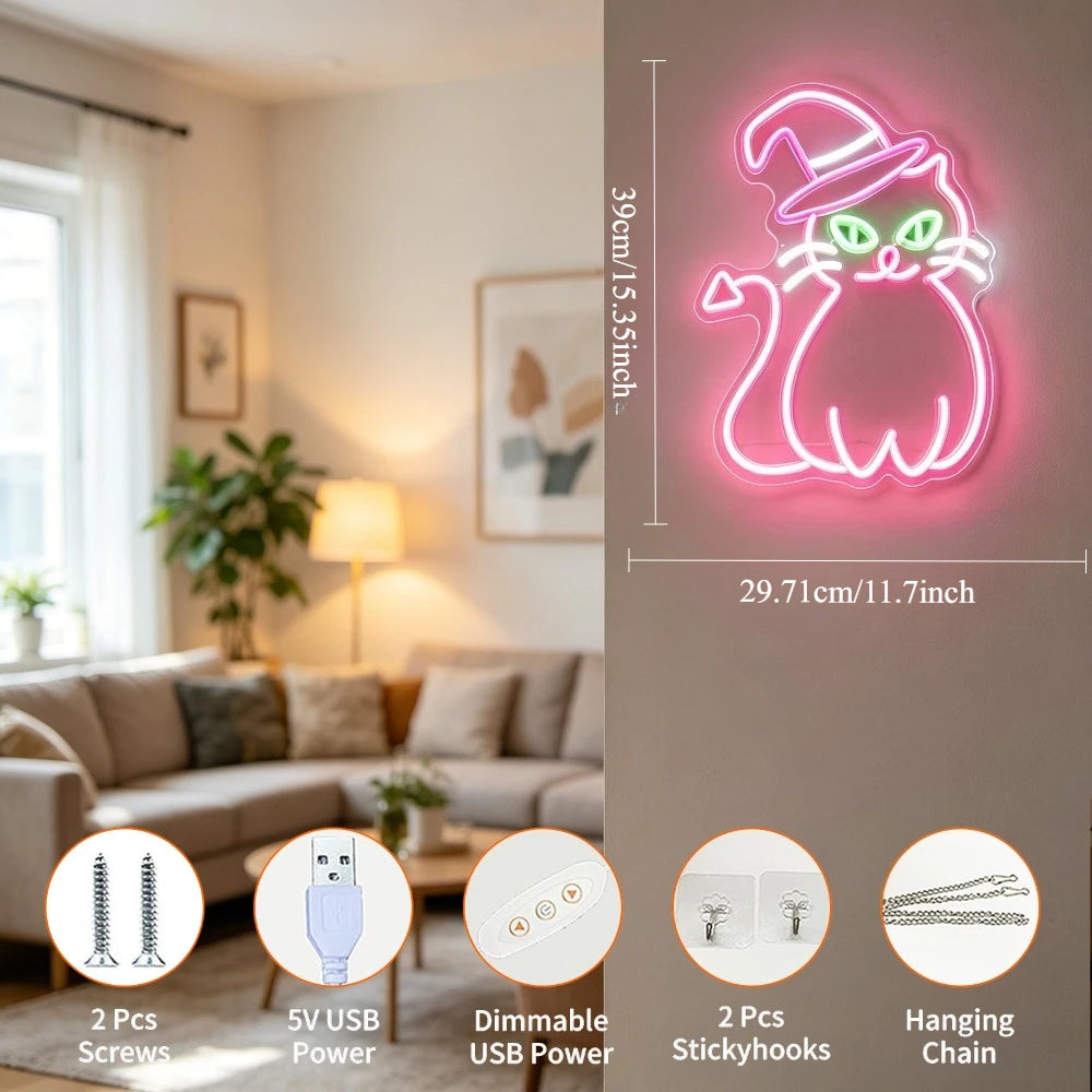 Neon light sign of a black cat with a witch hat displayed on a wall.