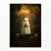 A ghostly white figure holding a cup stands in a dark, autumnal forest setting with pumpkins and bats flying above.