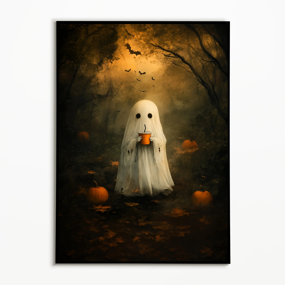 A ghostly white figure holding a cup stands in a dark, autumnal forest setting with pumpkins and bats flying above.