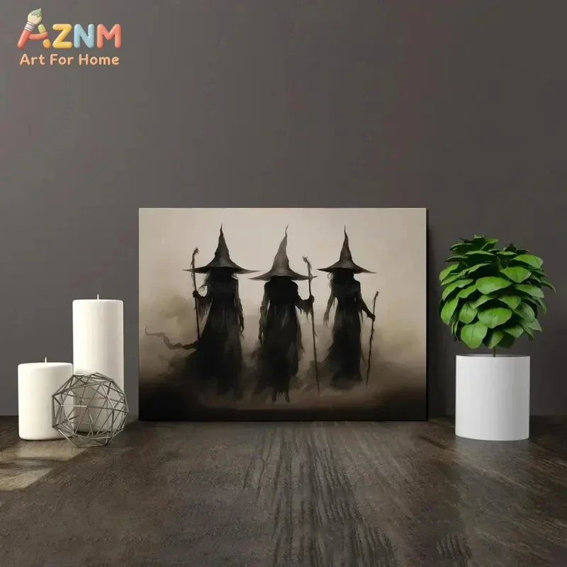Dark gothic wall art canvas print featuring three witches silhouettes against a misty background