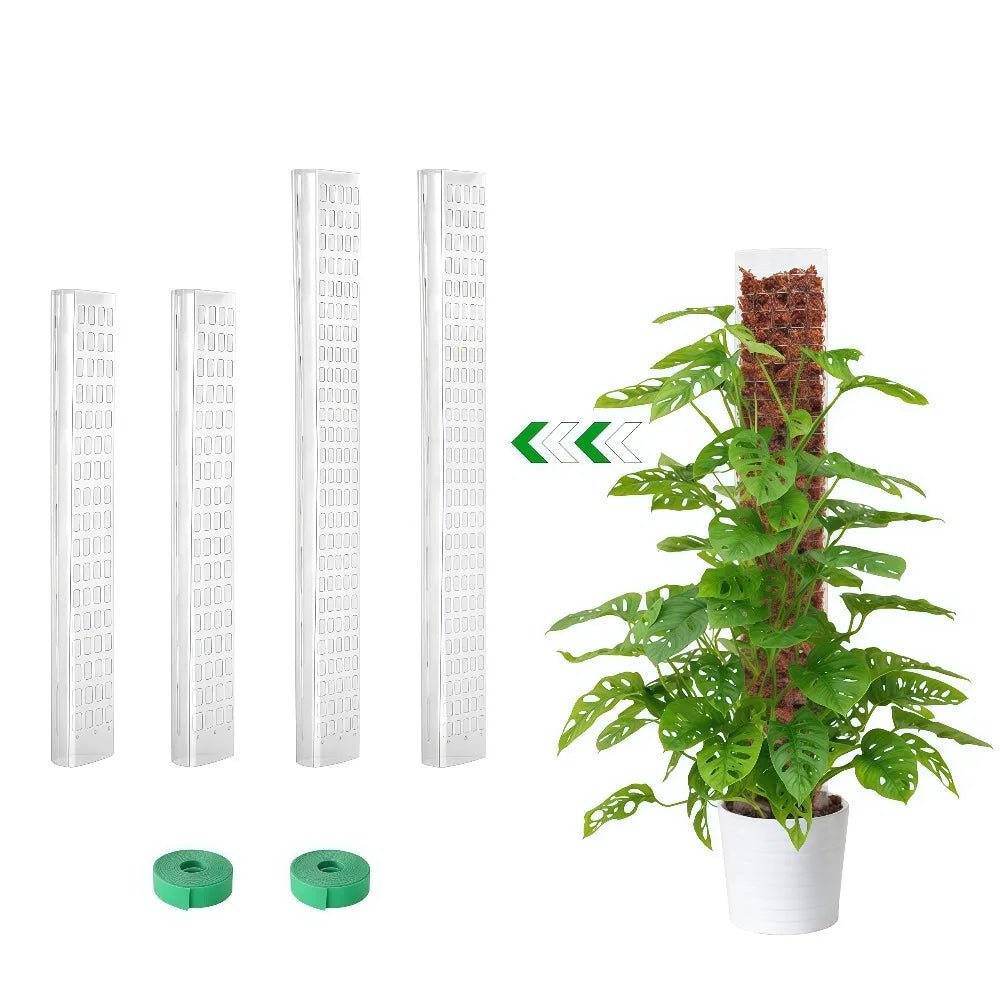 A set of white plastic moss pole plant supports for climbing plants, including vertical poles and green plant supports.