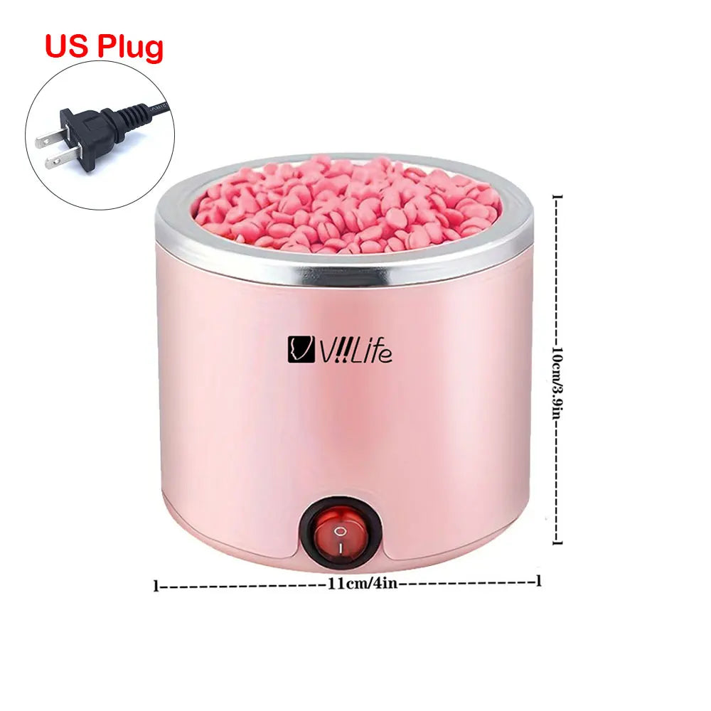A pink compact wax warmer for hair removal, showing a lid filled with pink wax pellets and an electrical plug.
