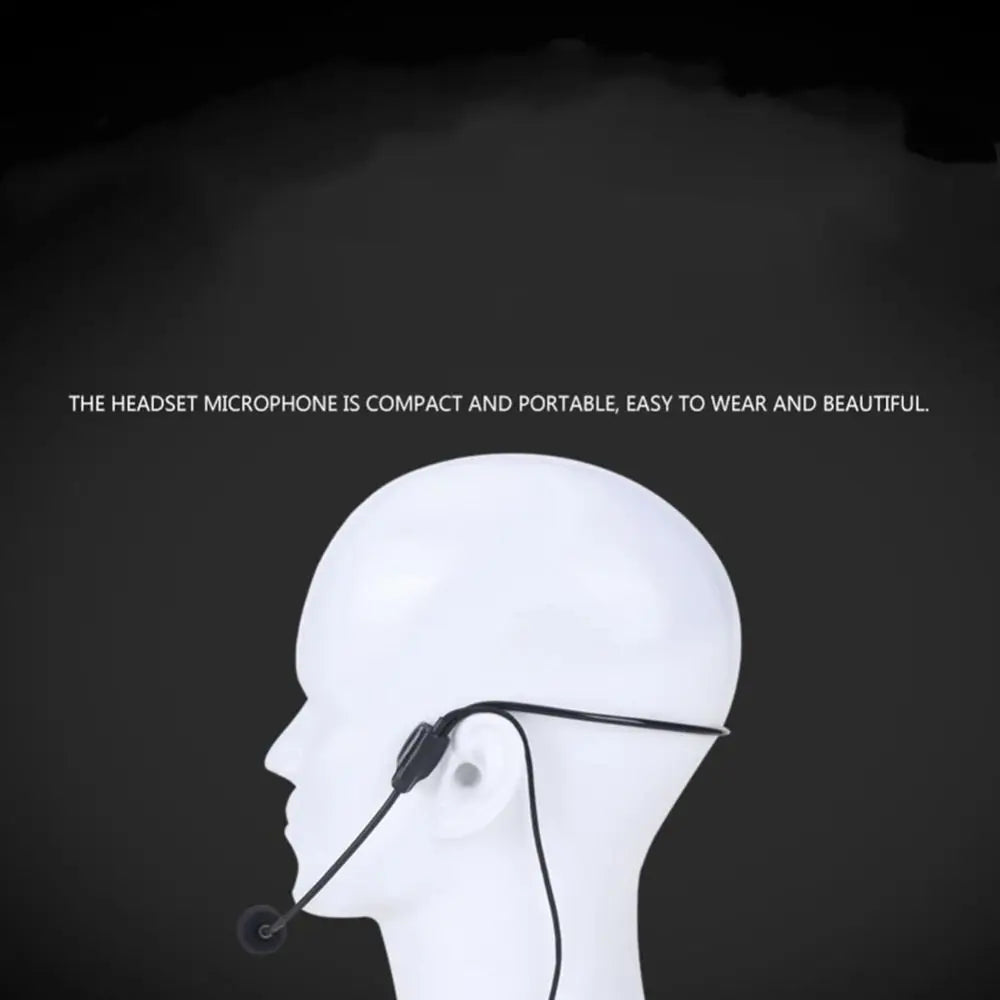 A white mannequin head shows a black wired headset microphone being worn.