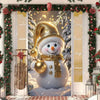 A festive door banner featuring a golden Santa and an elk design decorated with evergreen garlands.