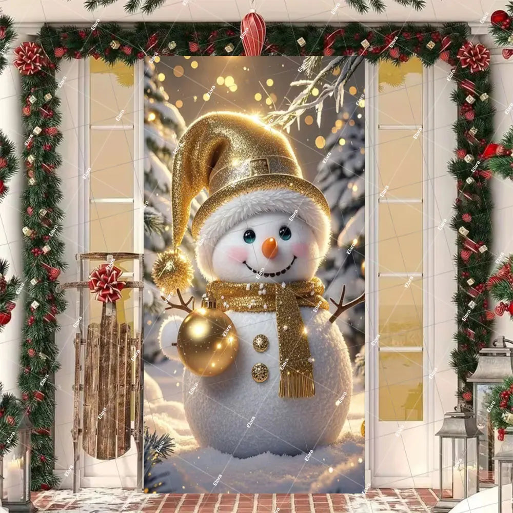 A festive door banner featuring a golden Santa and an elk design decorated with evergreen garlands.