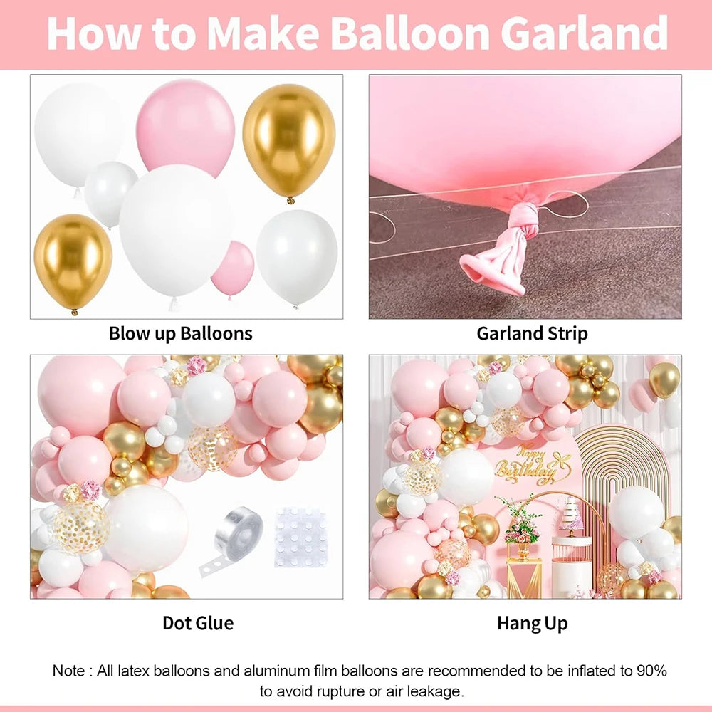 Instructions for making a balloon garland using latex and aluminum film balloons with dot glue