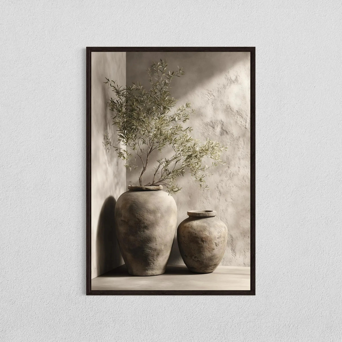 A painting featuring an olive tree in a vase against a light background.