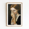 A portrait painting of a woman with reddish hair covering her face, framed in gold.
