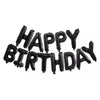 A set of black letter foil balloons spelling out Happy Birthday for party decoration.