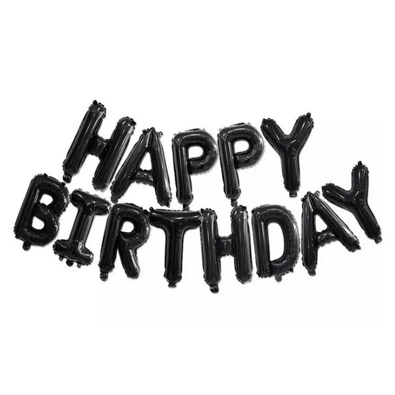 A set of black letter foil balloons spelling out Happy Birthday for party decoration.