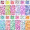 A collection of twelve iridescent glitter gels in various colors arranged in a grid.