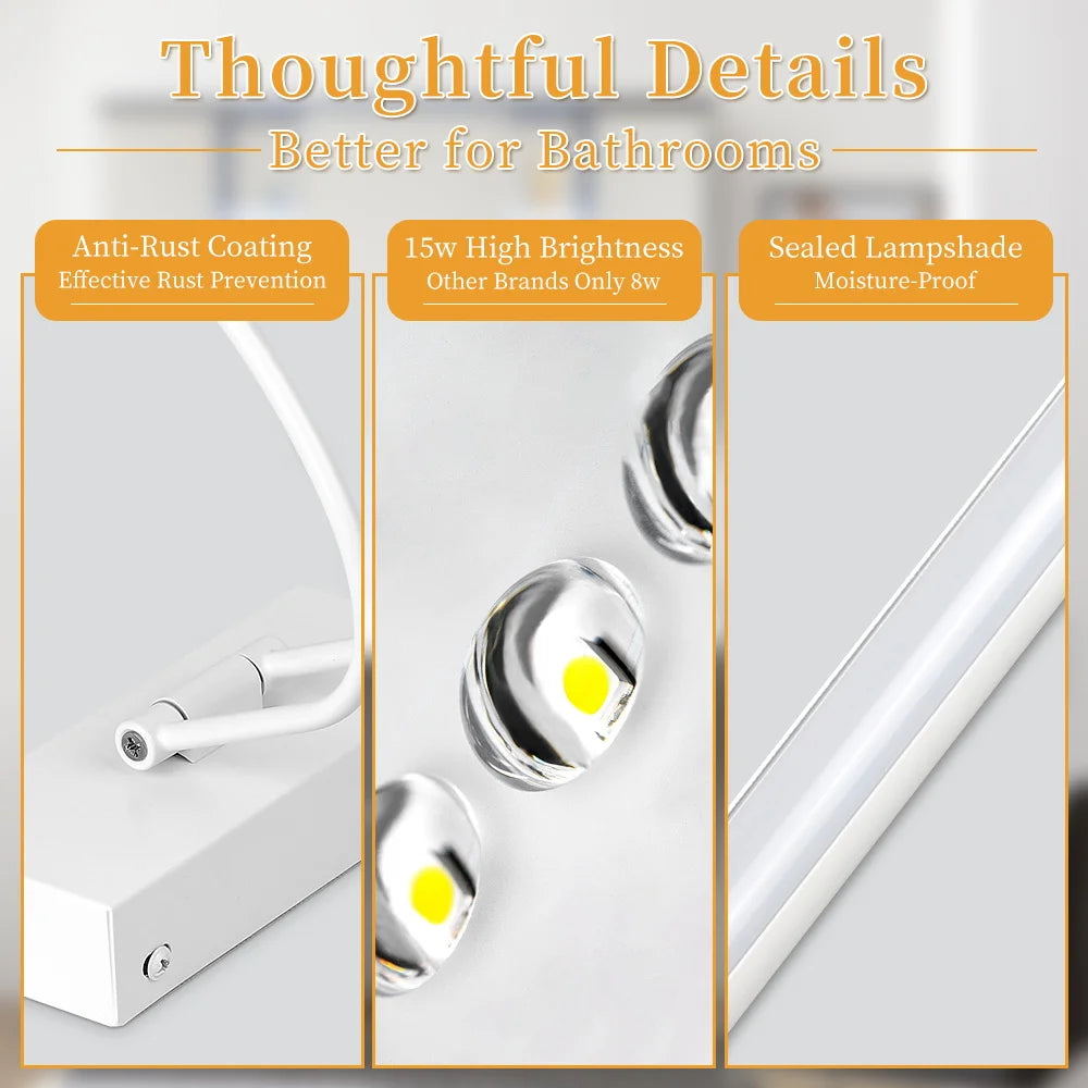 A modern dimmable LED wall lamp for bathroom vanity with a swing arm, showing anti-rust coating and sealed lampshade features