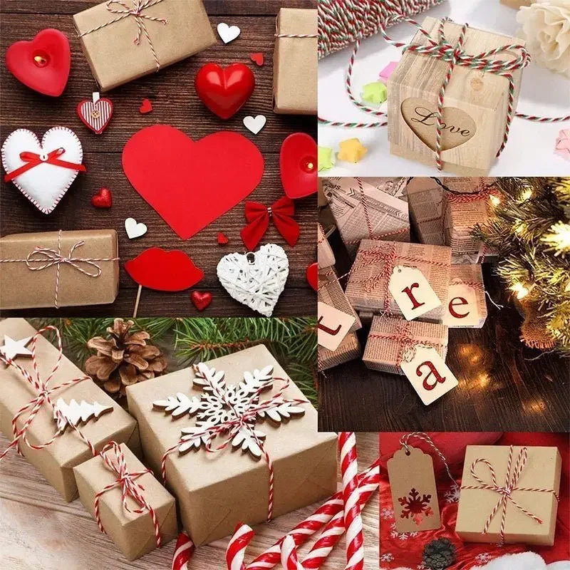 A collection of gift boxes and craft ribbons featuring red, white, and natural tones for holiday or crafting projects.