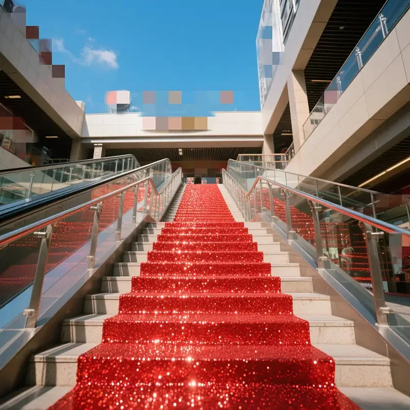 A long red sparkling aisle runner on a staircase inside a modern building.