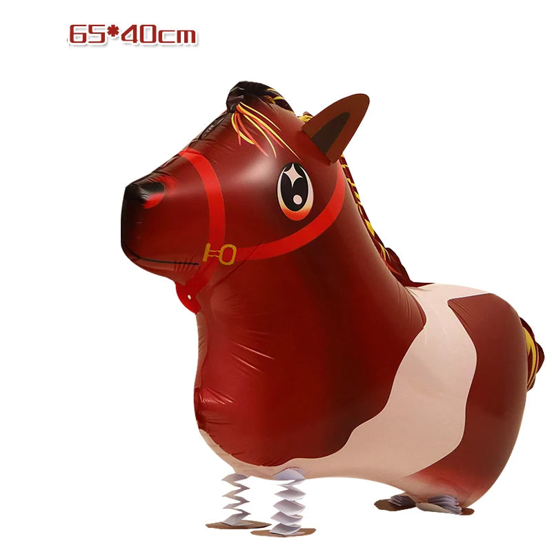 A realistic red and white cartoon horse foil balloon for birthday party decor.