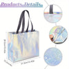 Iridescent holographic gift bags with sturdy handles shown in various angles and details