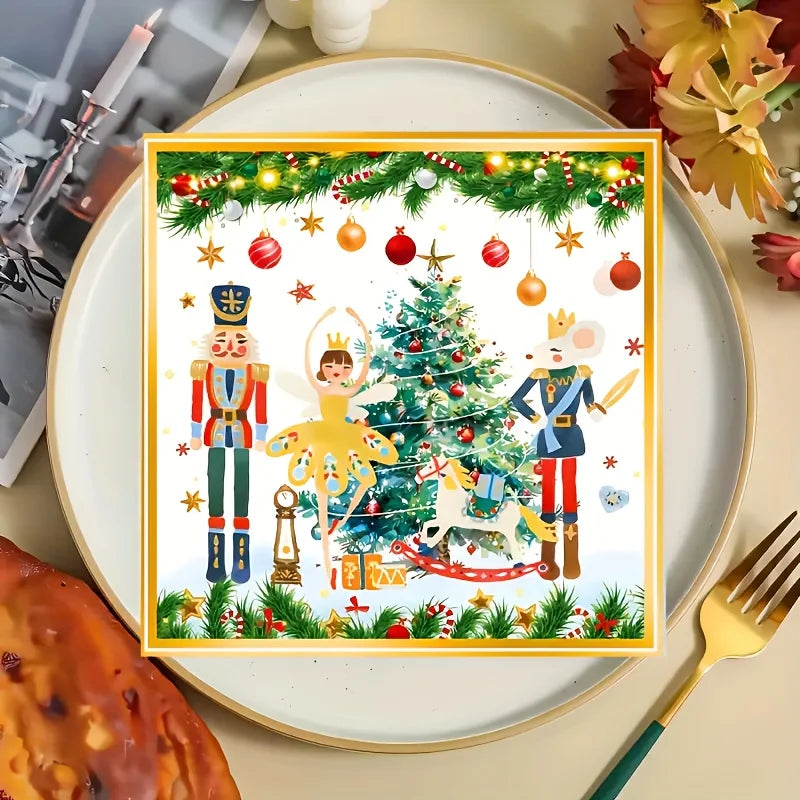 Christmas nutcracker watercolor paper napkins featuring a festive Christmas tree and nutcracker figures